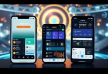 Three smartphones displaying different Ledger Live app interfaces for crypto portfolio management and tracking