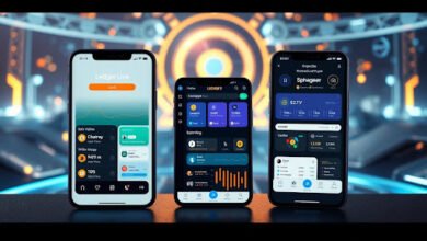 Three smartphones displaying different Ledger Live app interfaces for crypto portfolio management and tracking