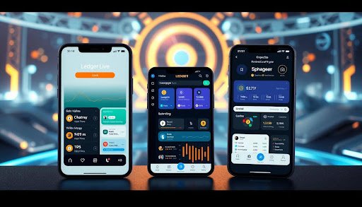 Three smartphones displaying different Ledger Live app interfaces for crypto portfolio management and tracking